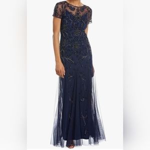 Adrianna Papell Hand-Beaded Godet Gown in Navy, Size 14